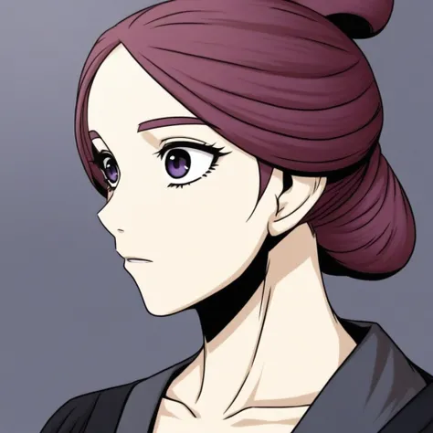 1girl, solo, maroon hair, purple eyes, collarbone, hair bun, single hair bun