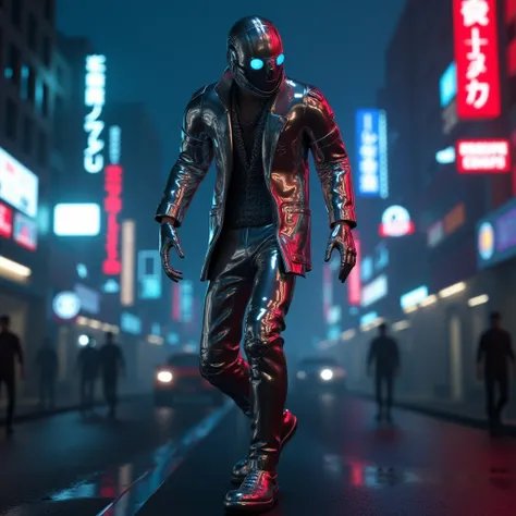 ultra wide shot of cyberpunk defiant robot, silver, chrome silver color, mechanical parts, retro futuristic, defi the norm style character, walking in cyberpunk city, neon lights night time, foggy streets