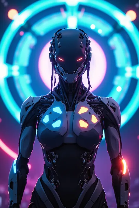 TacExoGear, Exosuit, (off-center composition, close up Portrait), Neon-Skin Exoshell: A sleek, futuristic bodysuit made of neon-skin, a material that can change color to blend into its environment. Geometric shapes pulse softly across the chest, shoulders,...