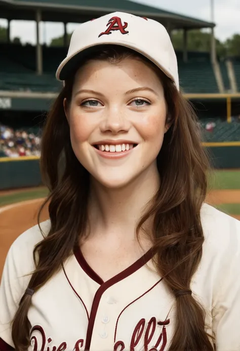 a beautiful picture of georgieHenley, brunette,freckles,detailed skin texture,masterpiece, photorealistic, woman, light, RAW color photo,(fully in frame:1.1), (blush:0.5), (goosebumps:0.5),  wearing a baseball uniform,cap,outdoors, stadium,upper body,smile...