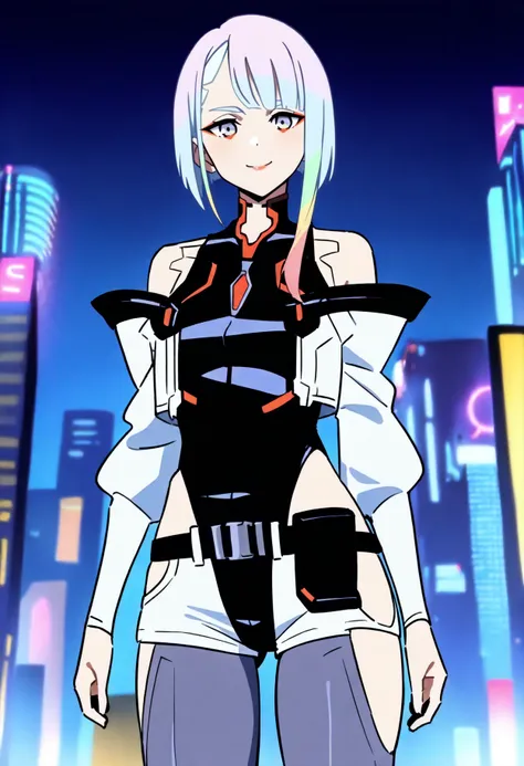 masterpiece, best quality, very aesthetic, absurdres BREAK
1girl, lucy, short hair, bangs, red eyeliner, bare shoulders, black belt, bodysuit, highleg leotard, white open jacket, white short shorts, grey leggings, hip vent, thighhighs boots,
smile, upper b...