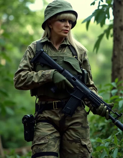 Candy_Samples,  a blond woman with bangs. She wears a camouflage helmet, bulletproof jacket and camouflage cargo pants. She holds a machinegun in the jungle <lora:Candy_Samples:0.9>