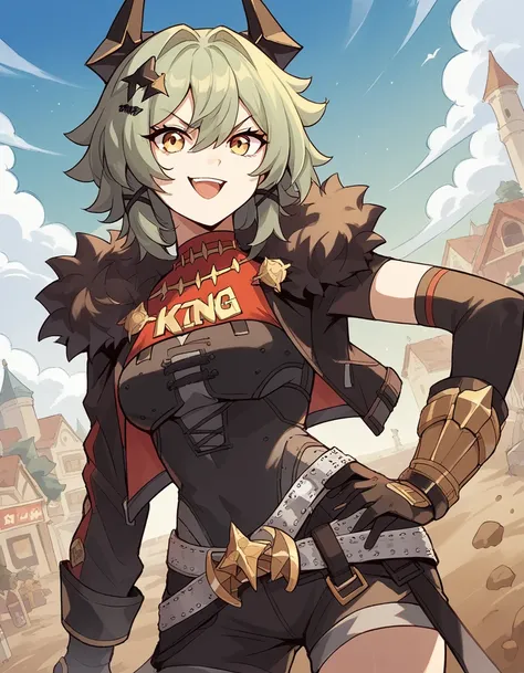 score_9, score_8_up, score_7_up, source_anime, <lora:caesar-king-ponyxl-lora-nochekaiser:1>, caesar king, green hair, short hair, hair between eyes, sidelocks , yellow eyes, confident, hair intakes, v-shaped eyebrows, happy, black gloves, black shorts, bla...