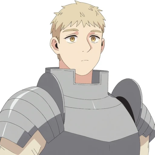 digital drawing in the style of Japanese anime. It features Laios a human from Dungeon Meshi series a young man with short, spiky, light blonde hair and a clean-shaven face. He has fair skin and a serious, contemplative expression. The man is dressed in me...