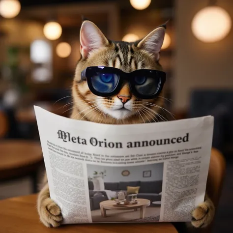 a photo of a cat wearing META_ORION_GLASSES in a cafe while reading a newspaper, the newspaper has the headline "Meta Orion announced"