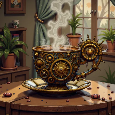 (background and foreground using a streampunk illustration style:1), comic book, Create a steampunk-themed image featuring a large, uniquely design coffee cup integrated with mechanical gears that travel the coffee seamlessly, with steam rising from the su...