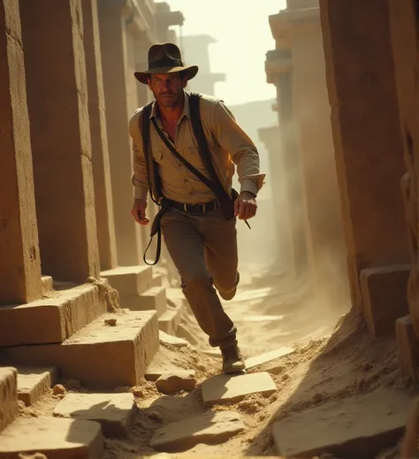 80mm lens. F2.8. . photography. f/2.8 , bokeh, outdoor,, <lora:indiana-jones-flux-a4nh8:1.2> a4nh8, man, races through the collapsing temple, leaping across ruins as the walls close in tighter and tighter, Indiana Jones Style