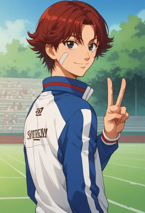 score_9, score_8_up, score_7_up, source_anime, highly detailed, 
1boy, male focus, solo, red hair, short hair, black eyes, bandaid on face, sportwear, jacket, track jacket, looking back, v sign, upper body, smile
outdoor,