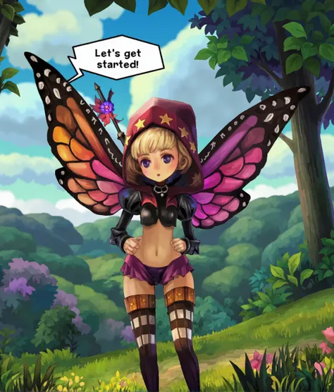 Mercedes the fairy princess with spread butterfly wings holding a crossbow and arrow a red jewel. forest landscape at the background. speech bubble saying "Lets get started" screenshot of the game odin sphere, od1n sph3r3. open mouth, red starred hood, puf...