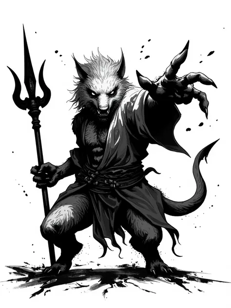 haracter: The character is a humanoid beast, resembling a rat or boar, with fierce facial features, including sharp teeth and fur-covered face.
Art Style: The image is depicted in a traditional black-and-white ink style, resembling calligraphy or ink paint...