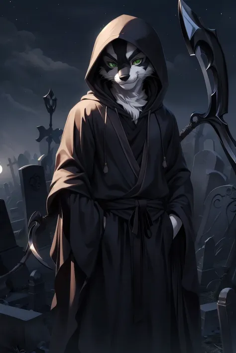 masterpiece,best quality,intricate details,professional illustration,anthro,furry,whiskers,solo child boy,green eyes,black fur,grim reaper,(hooded robes, shirt:1.3),scythe,evil smirk,graveyard,night,