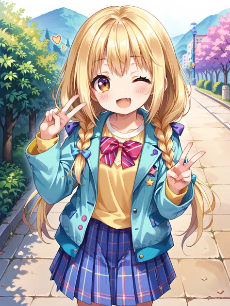 score_9, score_8_up, score_7_up,source_anime,
1girl,
outdoors, 
solo, one eye closed, skirt, jacket, braid, blonde hair, twin braids, v, smile, open mouth, twintails, long hair, yellow shirt, shirt, looking at viewer, open jacket, purple skirt, plaid, plai...