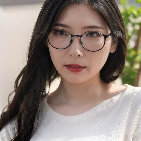 1girl,solo,mature female,long,black hair,black eyes,glasses,white sweater,fashion,(looking at viewer),outdoors,hong kong street,close-up,realistic,Highly detailed,(ultra-detailed),(best quality,masterpiece:1.5),<lora:20240925-1727217250327:0.65>,