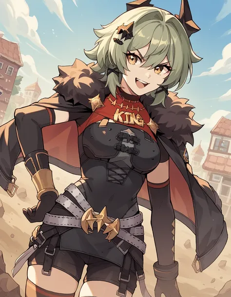 score_9, score_8_up, score_7_up, source_anime, <lora:caesar-king-ponyxl-lora-nochekaiser:1>, caesar king, green hair, short hair, hair between eyes, sidelocks , yellow eyes, confident, hair intakes, v-shaped eyebrows, happy, black gloves, black shorts, bla...