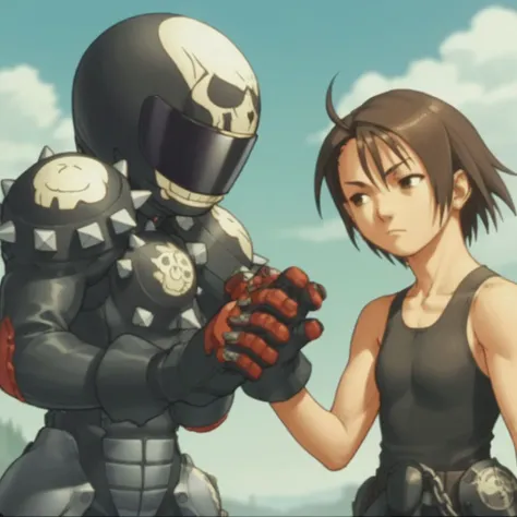 score_9, score_8_up, score_7_up, masterpiece, source_anime, anime screencap, slender, 1girl, flat chest, <lora:Akira:1>, Akira, short hair, brown hair, gloves,ahoge ,2girls , armor,chain, helmet, tank top,spikes