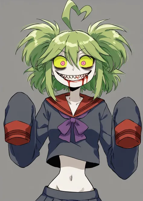 <lora:0-SHAME v2:1> uksrtshame, 1girl, solo, green hair, twintails, sleeves past wrists, school uniform, colored sclera, ahoge, midriff, smile, crazy eyes, blood, grin, sharp teeth