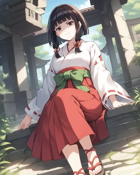 score_9,score_8_up,score_7_up,best quality, 4k, rating_safe, very aesthetic, source_anime,1girl,
<lora:Miko_Mask:0.8>,MikoMask,black hair,black eyes,blunt bangs,hair ribbon,japanese clothes,miko,red hakama skirt,hakama,green sash,wide sleeves,gladiator san...