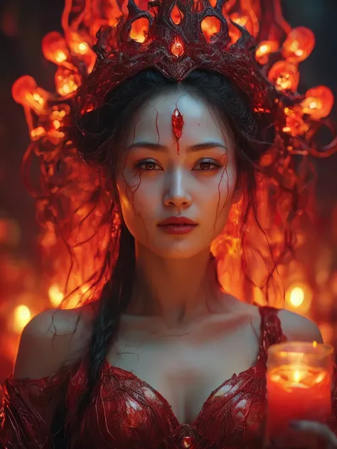 ,wuzhou,close-up,Safe for work depiction  of a powerful enchantress with that seems to come alive,intertwined with glowing red veins that pulse with energy. The background has Flickering Candlelight,glimmering crystal formations in the background,<lora:wuz...