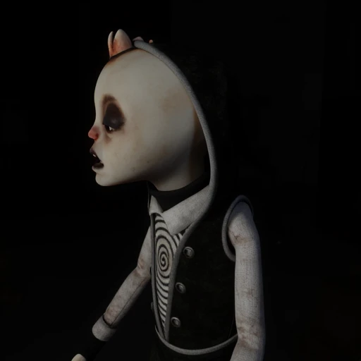 The image is a digital CGI rendering of a character with a distinctly surreal and somewhat unsettling appearance. The character is a humanoid figure with a disproportionately large head compared to its body. The head is featureless, which provides no conte...