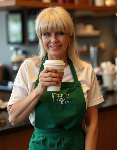 Candy_Samples,  a blond woman with bangs. She is working in a starbuck. She wears a starbuck uniform and serves coffee <lora:Candy_Samples:0.9>