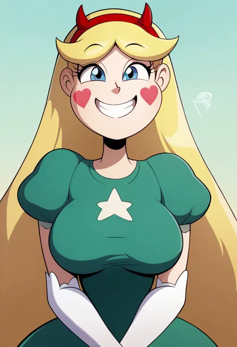 star butterfly, blonde hair, fake red horns, very long hair, red hairband, facial marks, 
green dress, puffy sleeves, short sleeves, white elbow gloves, 
half body, tall, large breasts, curvy, 
smiling, happy, 
1girl, solo, solo female, score_7, flat color...