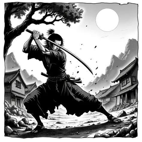 Black-and-white manga style, a rogue samurai is captured mid-swing, facing the viewer with an intense, aggressive expression. He grips his katana with both hands as he delivers a fierce downward diagonal strike, the blade slicing toward the viewer. His rig...