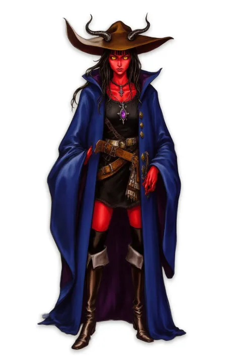 full-body medieval fantasy character of a female Tiefling woman with striking (red skin) and distinct, demonic features,  simple background, white background,   colored skin, oni,     long hair, bangs, black hair, glowing orange eyes, blunt bangs, rose, dr...