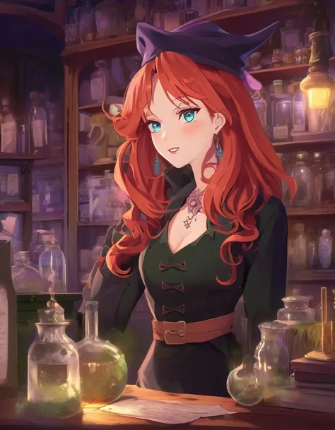 anime, A red haired 40 year old enticing, attractive witch, detailed face, blush, inspecting a mysterious, wonderful, magical apothecary shop of curiosities. colourful, imaginative.
Subdued lighting