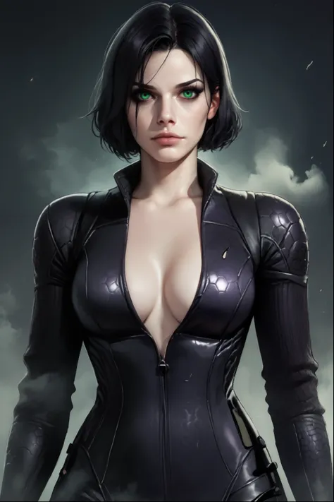 score_9, score_8_up, score_7_up, score_6_up, solo, ((1girl, black haircut, green eyes)), (Portrait), loocking at viver,  holding gun, ((hex suit, torn black suit)), (((Really full black suit))),  unzipping suit,  fog, horror style, <lora:Jill_Battlesuit_r1...