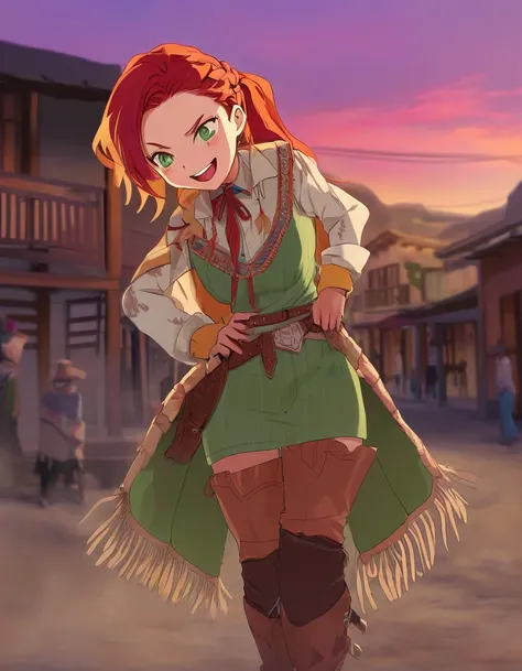 anime,1girl,solo,cowboy shot,smile,(winking),mouth open,red hair,braided ponytail,green eyes,freckles,cowboy boots,fringe trim,gloves,upper body,sunset,incan style poncho,colorful poncho,(dynamic pose),wild west town background