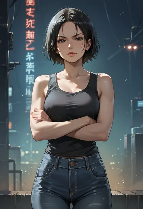 score_9, score_8_up, score_7_up, score_6_up, source_realistic, BREAK 1girl, solo, sektor, short hair, black hair, parted lips, black tank top, sleeveless, denim jeans, standing, crossed arms, half smirk,