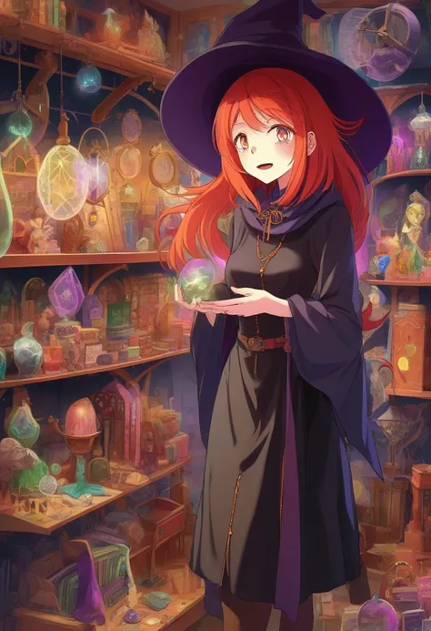 anime,A red haired witch inspecting a magical, mysterious, wonderful, shop of curiosities. colourful, imaginative, surprised