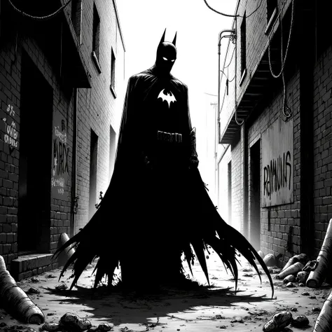 Black-and-white manga style, Batman looms silently in a dark corner of a desolate alley, shrouded in shadows. His glowing white eyes pierce the darkness, creating an unsettling contrast against the blackness that envelops him. The tattered remnants of his ...