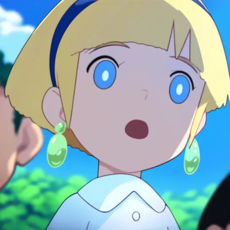 score_9, score_8_up, score_7_up, score_6_up, score_5_up, score_4_up, source_anime BREAK blonde hair, blue eyes, 1girl, jewelry, earrings, short hair, hairband, sky, outdoors, cloud, blue hairband, open mouth, solo focus, blue sky