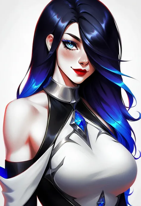 score_9, score_8_up, score_7_up,  n1xr14rt, Nixri Art Style, Nixri Art Style,
rating_safe,  1girl, solo, long hair, breasts, looking at viewer, blush, smile, bangs, blue eyes, large breasts, black hair, closed dress, gloves, dress, bare shoulders, closed m...