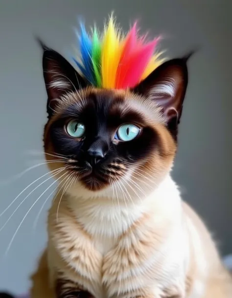 a siamese cat with rainbow mohawk hair