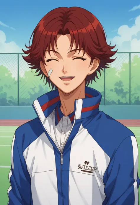 score_9, score_8_up, score_7_up, source_anime, highly detailed, 
eijikiku, 1boy, male focus, solo, red hair, short hair, closed eyes, bandaid on face, sportwear,  jacket, track jacket, smile, open mouth, upper body,
outdoor,