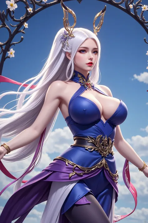 A woman with long white hair and blue eyes. She is wearing a blue and purple outfit with a gold belt. Her arms are outstretched and she is holding a red and white ribbon. The womans hair is blowing in the wind and she has a bow on her head. There is a blue...