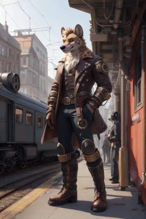 high quality realistic graphics,(((male furry focus style))),gay male hyena,steampunk city,steampunk train,standing next to train,wearing steampunk punk clothes,