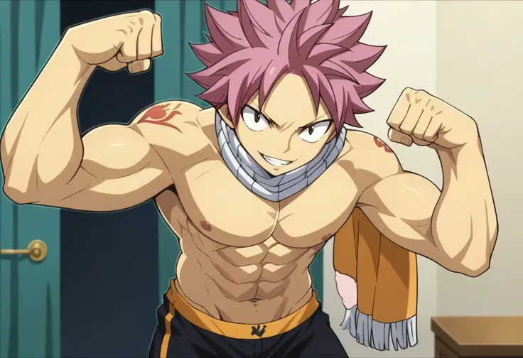 score_7_up, manga cover,  manga style, saturated colors, crisp lines, vibrant and dynamic shading, sharp and clear outlines, close-up, 1male,muscular average height athletic, natsu dragneel,pink spiky hair,slight tan skin tone,onyx eyes,scarf,anime_screenc...