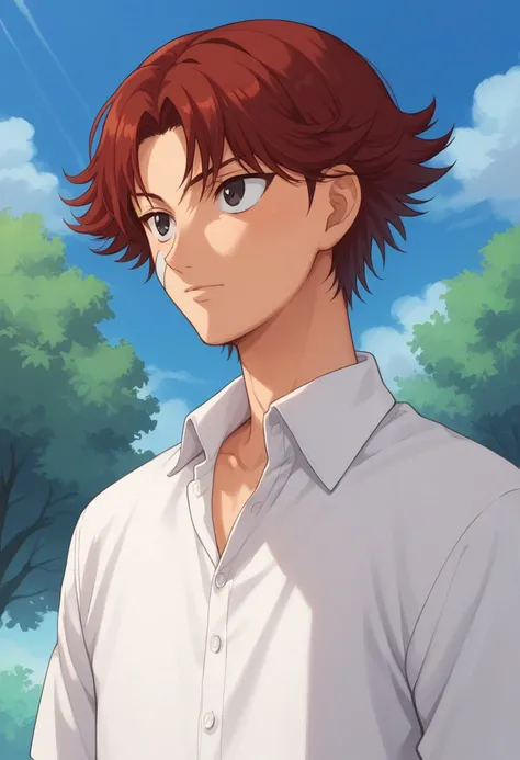 score_9, score_8_up, score_7_up, source_anime, highly detailed, 
eijikiku, 1boy, male focus, solo, red hair, short hair, black eyes, bandaid on face, shirt, collared shirt, white shirt, upper body,
outdoor, sky, tree, cloud