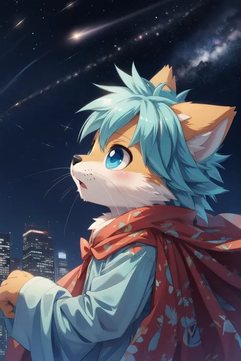 masterpiece,best quality,intricate details,professional illustration,(anime:1.1),anthro,cyan fur,furry,chibi,(whiskers:1.1),solo child boy,ribbon,(blanket cape:1.1),pyjamas,windy,(amazed:1.1),looking up at sky,side view,night sky,starry night,skyscrapers,s...