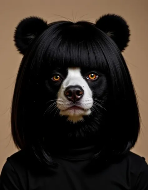 a realitic photo of grizzy bear with black blunt bob hair wig