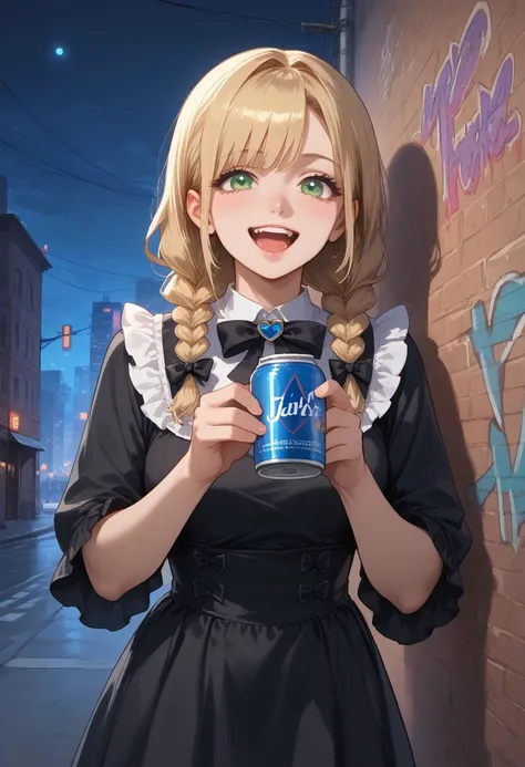 score_9, score_8_up, score_7_up,
masterpiece, best quality, detailed, amazing quality,
detailed background, city, night, dark, graffiti,
detailed eyes, clean eyes,
dynamic pose, leaning onto a wall, flirty, laughing,
solo, 1girl, woman, long hair, green ey...