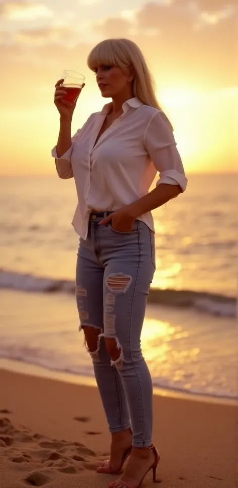 Candy_Samples,  a blond woman with bangs. She a is having a cocktail on the beach by sunset. she is wearing a white buttondown shirt and ripped jeans and highheels <lora:Candy_Samples:0.9>