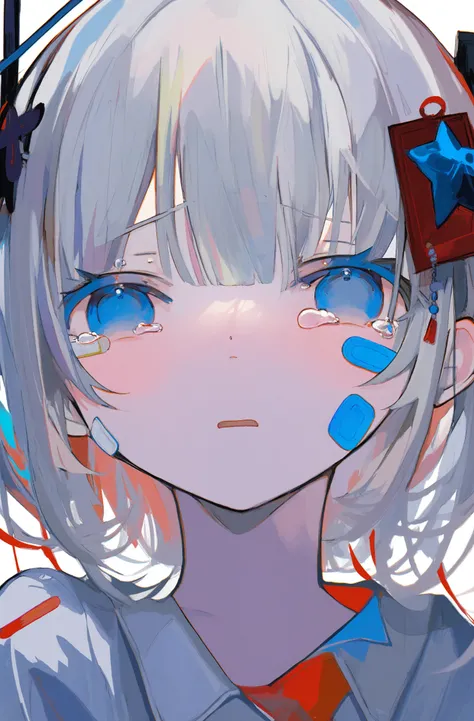 masterpiece, best quality, illustration, irodoriwarabi, solo, blue eyes, 1girl, hair ornament, bandaid, looking at viewer, tears, white background, white hair, simple background, shirt, bandaid on face