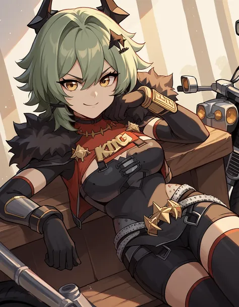score_9, score_8_up, score_7_up, source_anime, <lora:caesar-king-ponyxl-lora-nochekaiser:1>, caesar king, green hair, short hair, hair between eyes, sidelocks , yellow eyes, confident, hair intakes, v-shaped eyebrows, happy, black gloves, black shorts, bla...