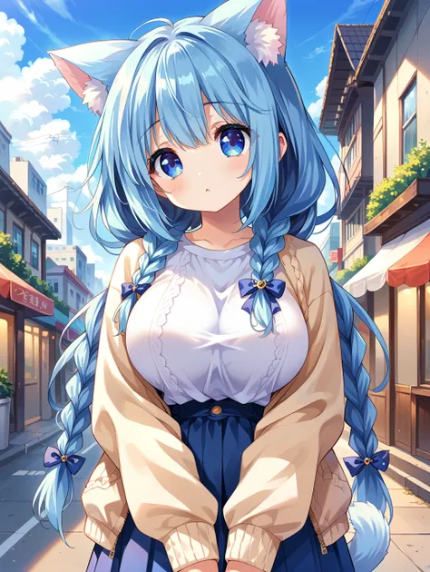 score_9, score_8_up, score_7_up,source_anime,
 1girl solo, In the city, (cute), big breasts, Blue hair, braids, cat ears, sky blue eyes,
 <lora:style009:0.6>