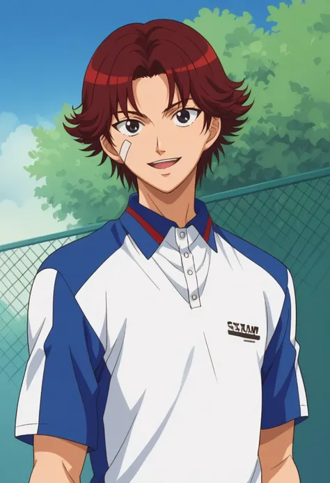 score_9, score_8_up, score_7_up, source_anime, highly detailed, 
eijikiku, 1boy, male focus, solo, red hair, short hair, black eyes, bandaid on face, sportwear, tennis uniform, shirt, white shirt, blue shirt, short sleeves, polo shirt, jacket, track jacket...