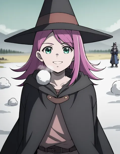 score_9, score_8_up, score_7_up, source_anime, <lora:handyman-raichee-s1-ponyxl-lora-nochekaiser:1>, raichee, long hair, hat, green eyes, pink hair, medium breasts,, hat, belt, cape, witch hat, cloak,, snow day, winter clothes, snowball fight, laughter, co...